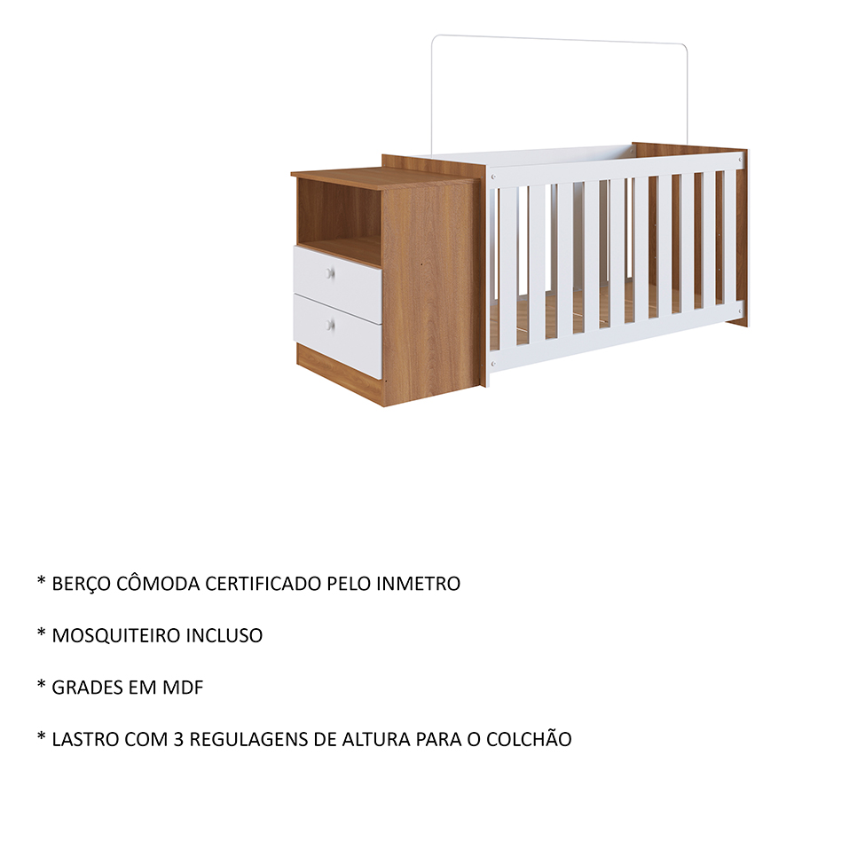 Conjunto de Berço com Cômoda Aconchego 2 GV Branco e Nogal