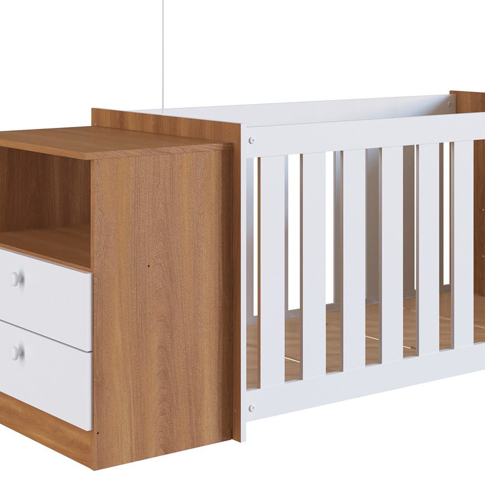 Conjunto de Berço com Colchão (130x60cm) e Cômoda Aconchego 2 GV Branco e Nogal