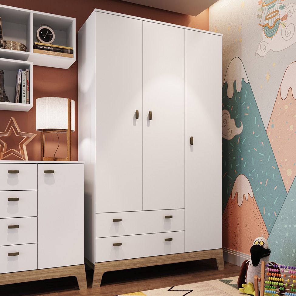 Guarda-Roupa Infantil Favo de Mel 3 Portas 2 Gavetas Branco