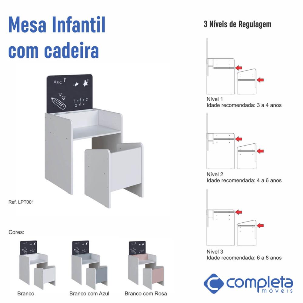 Mesinha Infantil Com Lousa E Cadeira Le Petit Branco Com Rosa