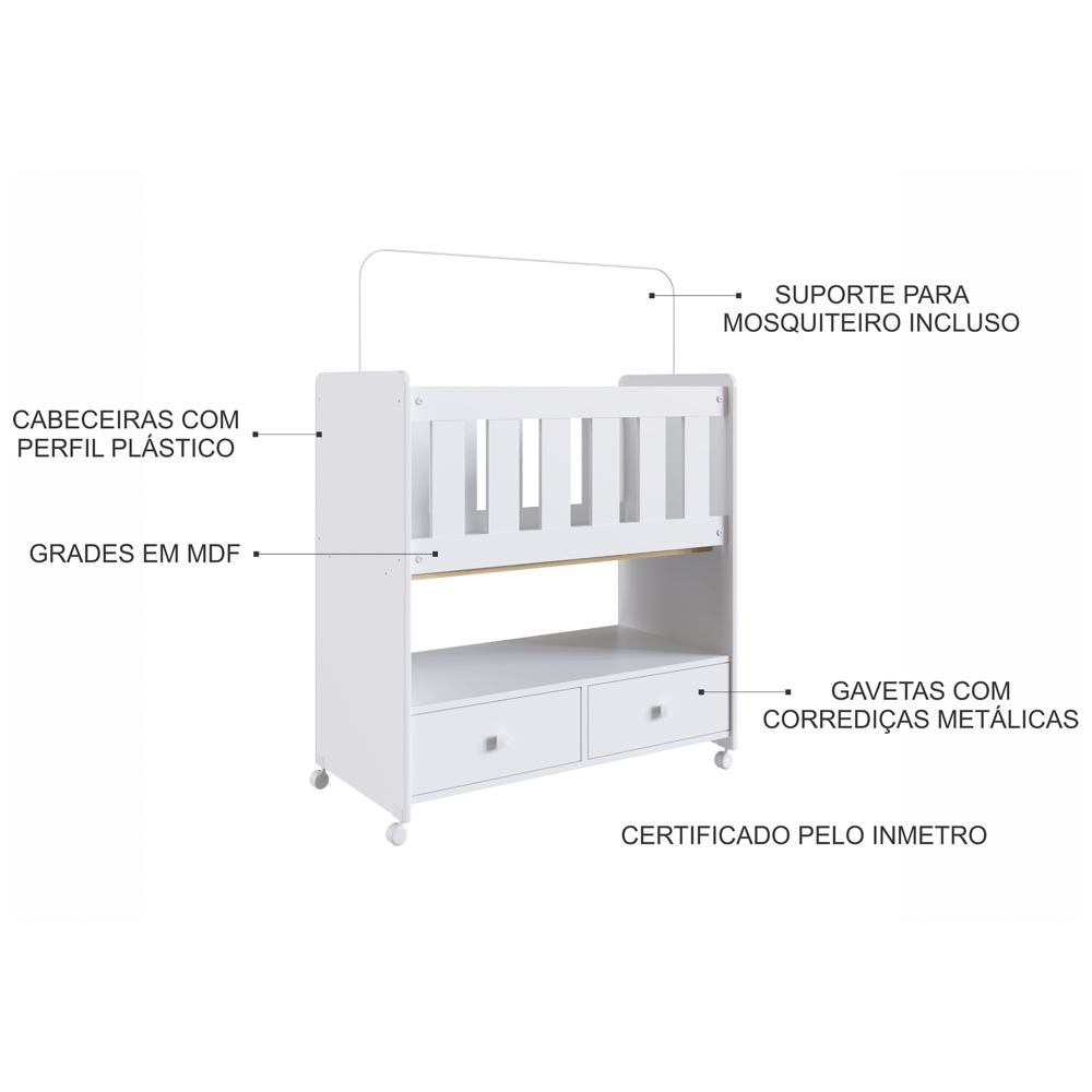 Mini Berço Moisés com Colchão 2 Gavetas Certificado pelo Inmetro BY 511 Branco - Completa Móveis