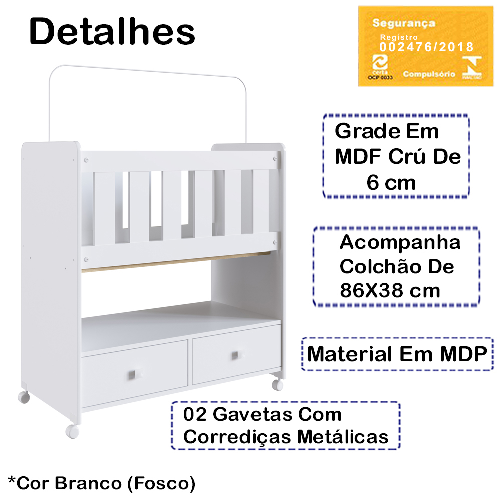 Mini Berço Moises Com Colchao 2 Gavetas BY511 Branco Comm