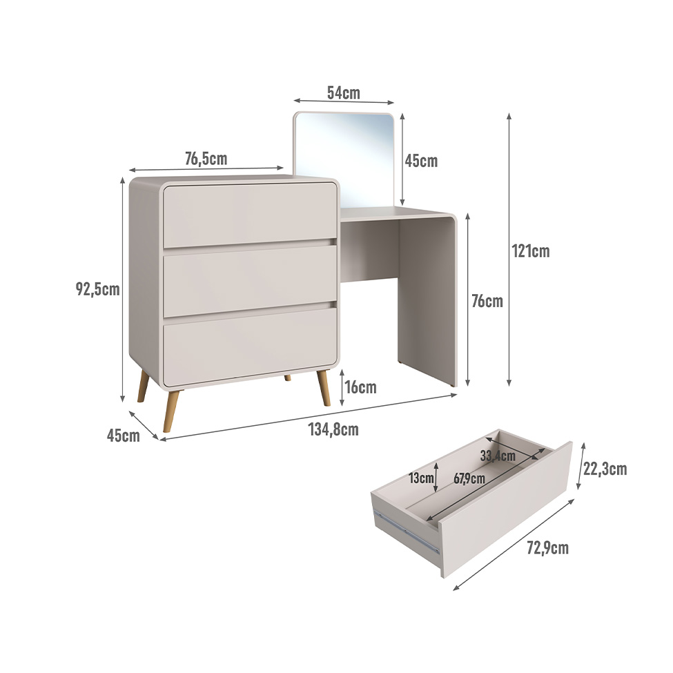 Penteadeira Infantil Curve 3 Gavetas Bege Dunas