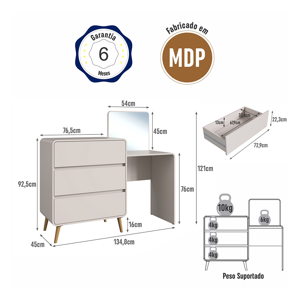 Penteadeira Infantil Curve 3 Gavetas Bege Dunas