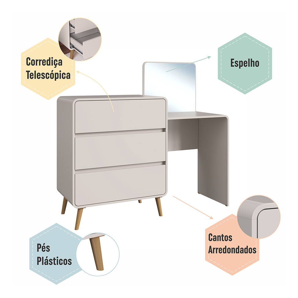 Penteadeira Infantil Curve 3 Gavetas Bege Dunas