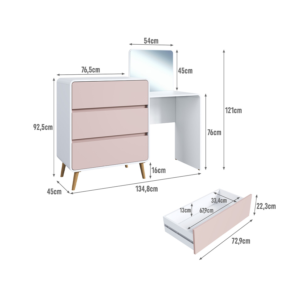 Penteadeira Infantil Curve 3 Gavetas Branca e Rosa