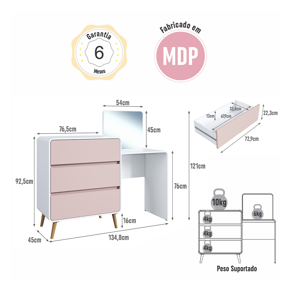 Penteadeira Infantil Curve 3 Gavetas Branca e Rosa