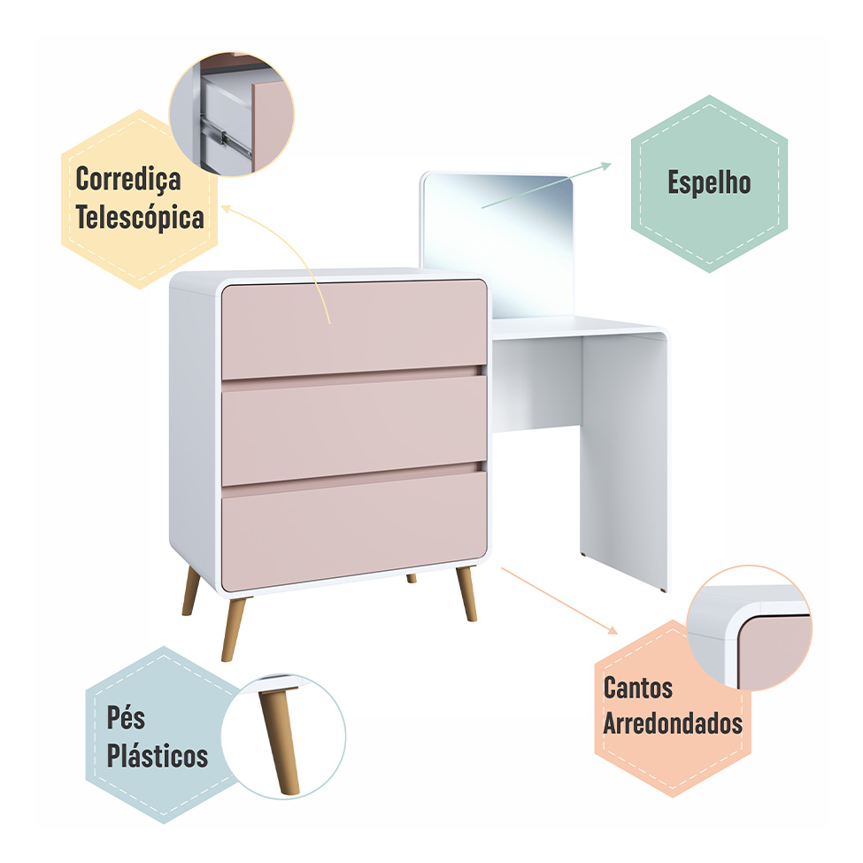 Penteadeira Infantil Curve 3 Gavetas Branca e Rosa