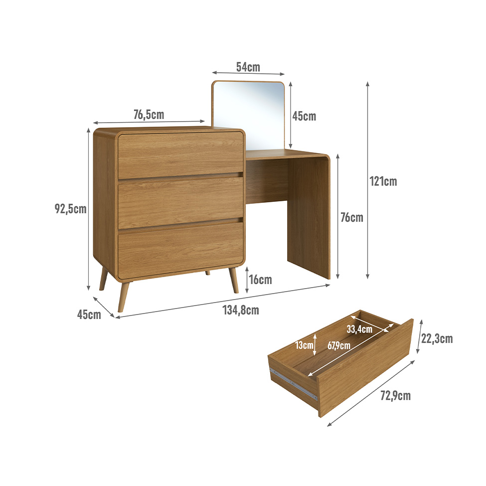 Penteadeira Infantil Curve 3 Gavetas Carvalho Xingu