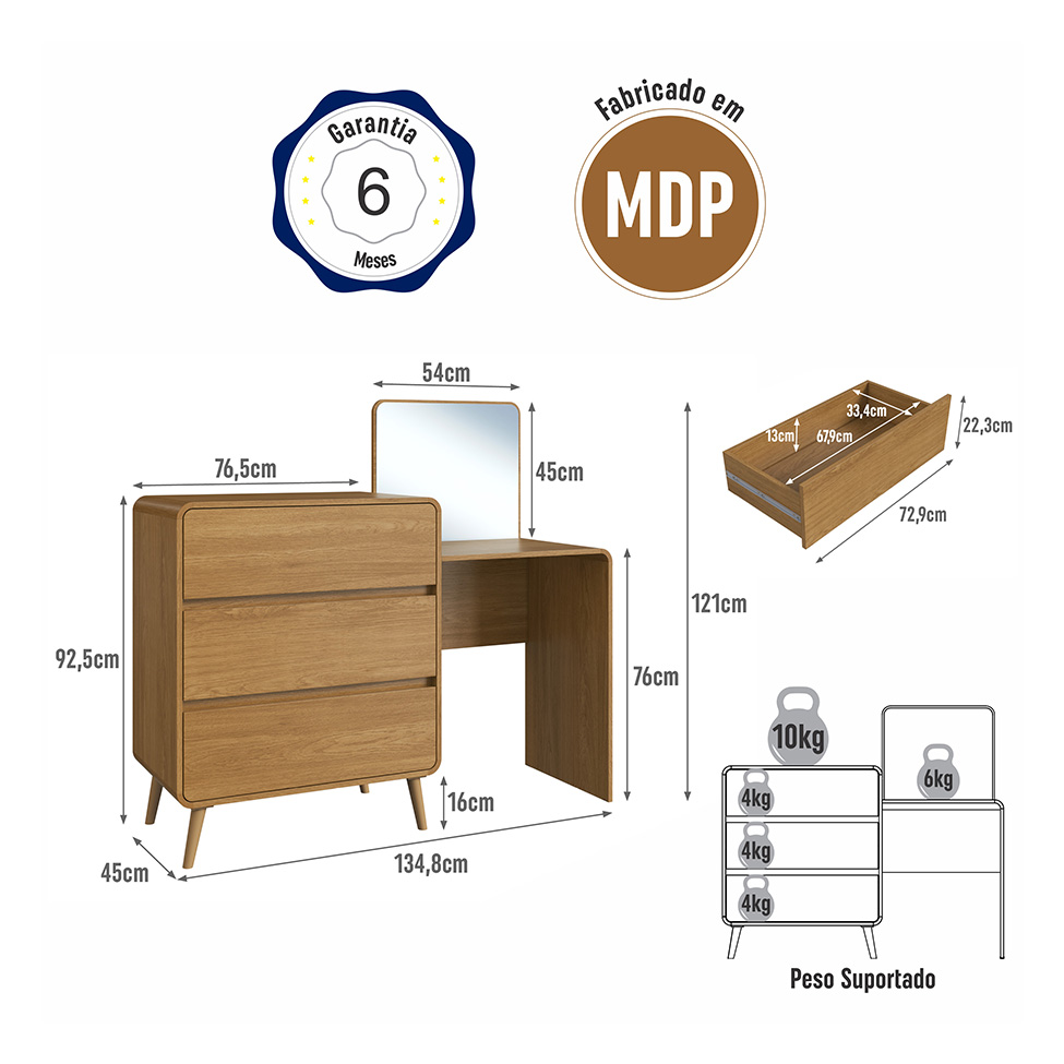 Penteadeira Infantil Curve 3 Gavetas Carvalho Xingu