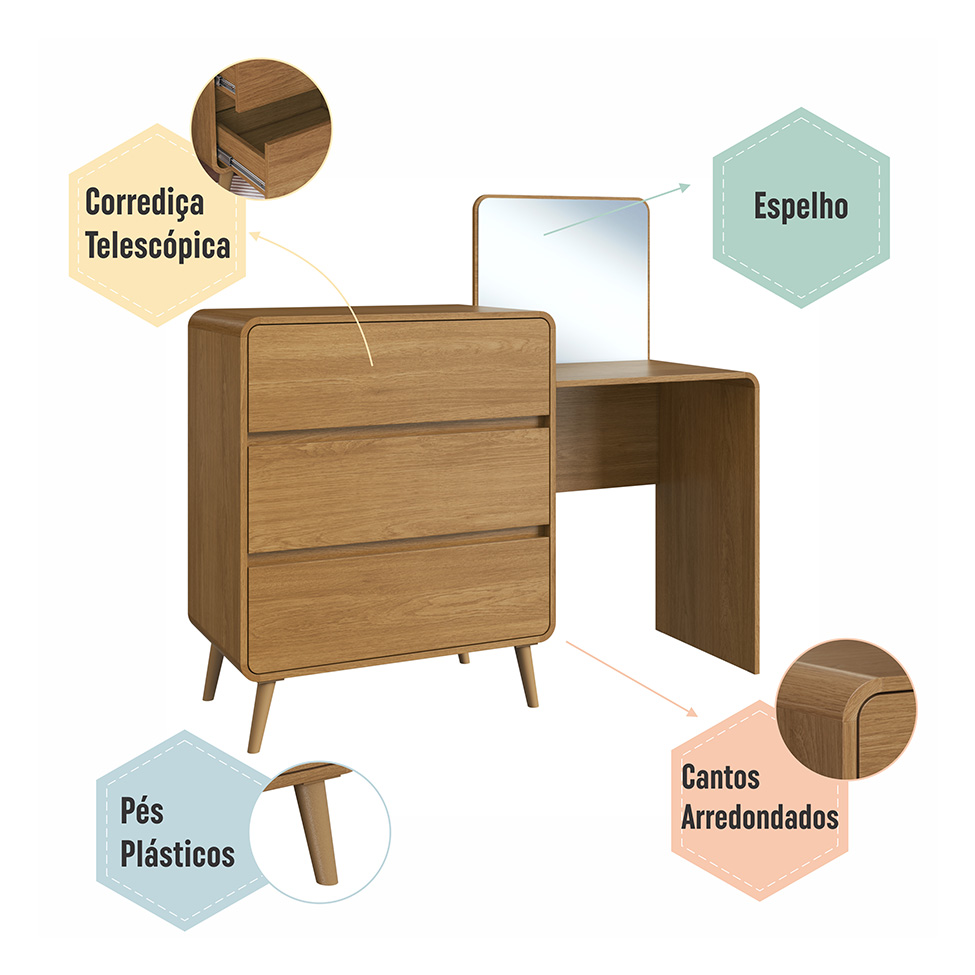 Penteadeira Infantil Curve 3 Gavetas Carvalho Xingu