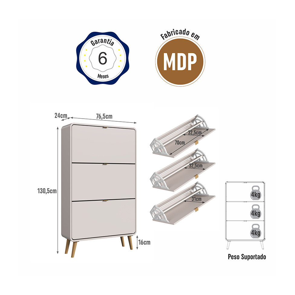 Sapateira Curve 3 Portas Bege Dunas