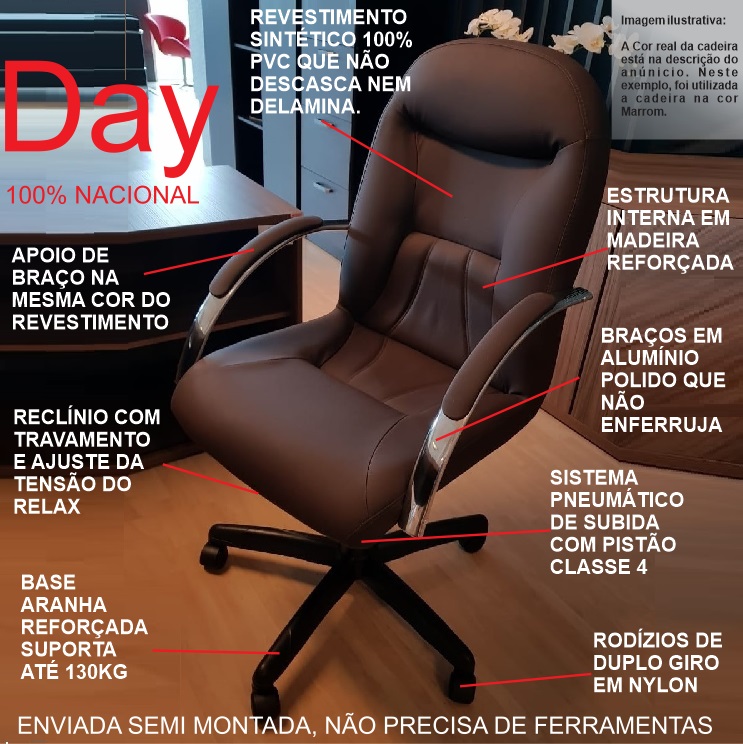 Kit 3 Cadeiras Escritório Day Marrom 1 giratória + 2 fixas (100% Nacional)