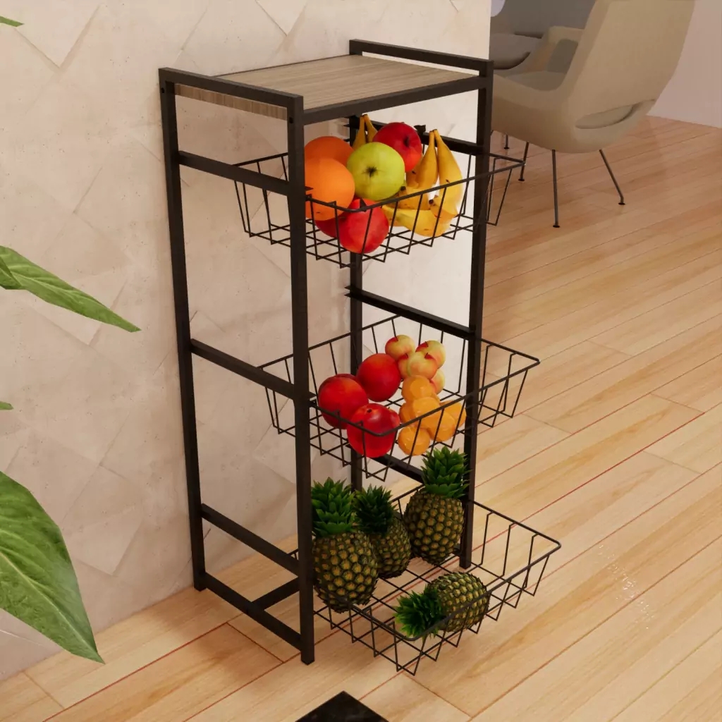 Fruteira Preto 3 Cestos Cozinha  Em Aço Base Mdf Amadeirado