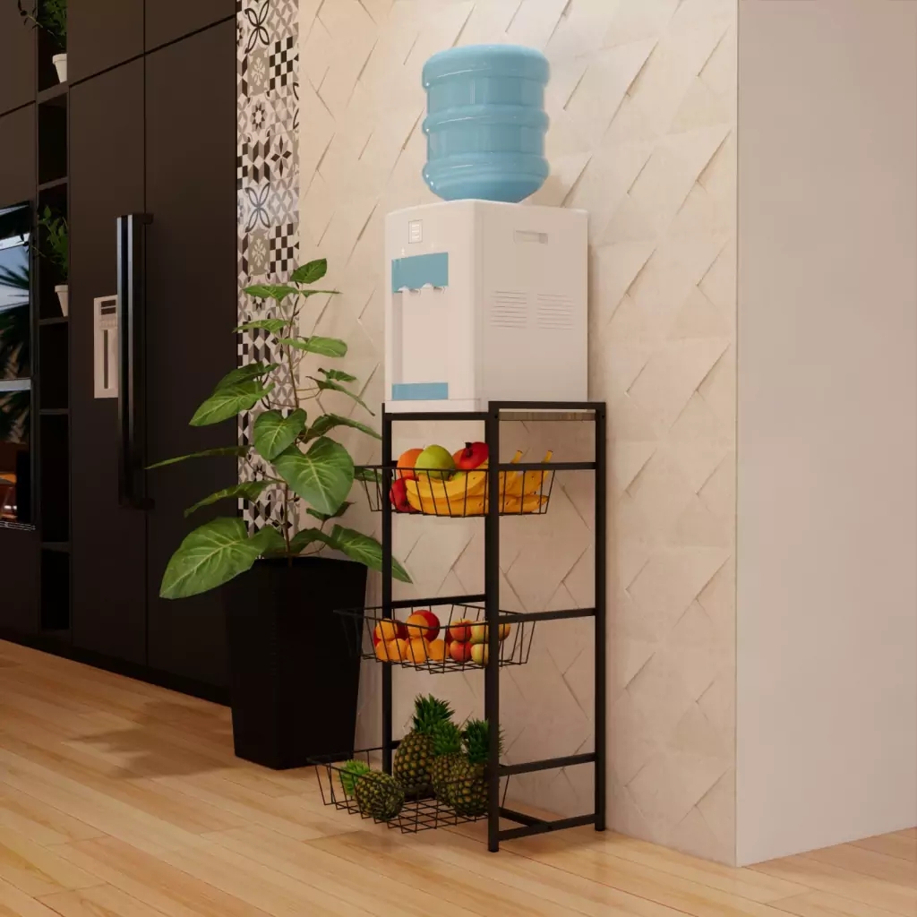 Fruteira Preto 3 Cestos Cozinha  Em Aço Base Mdf Amadeirado