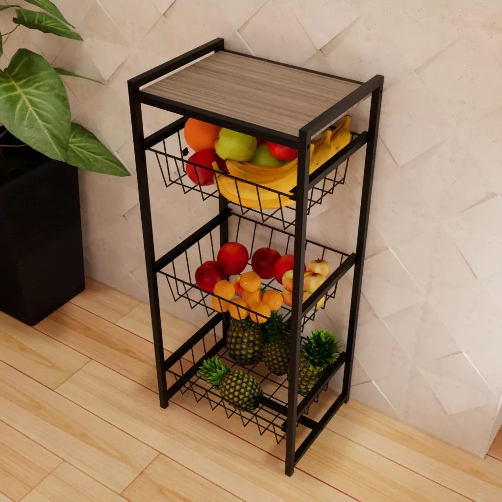 Fruteira Preto 3 Cestos Cozinha  Em Aço Base Mdf Amadeirado