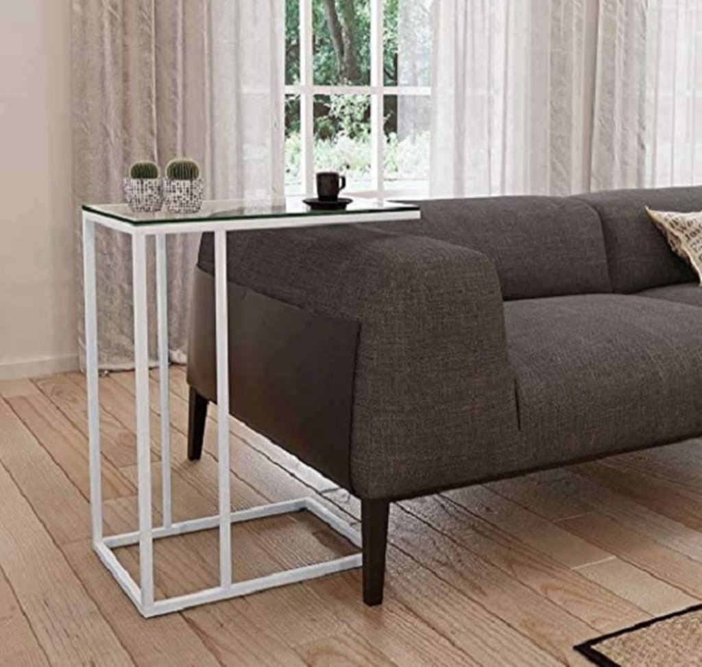 Mesa Lateral Encaixe Elena Branco Com Tampo de Vidro
