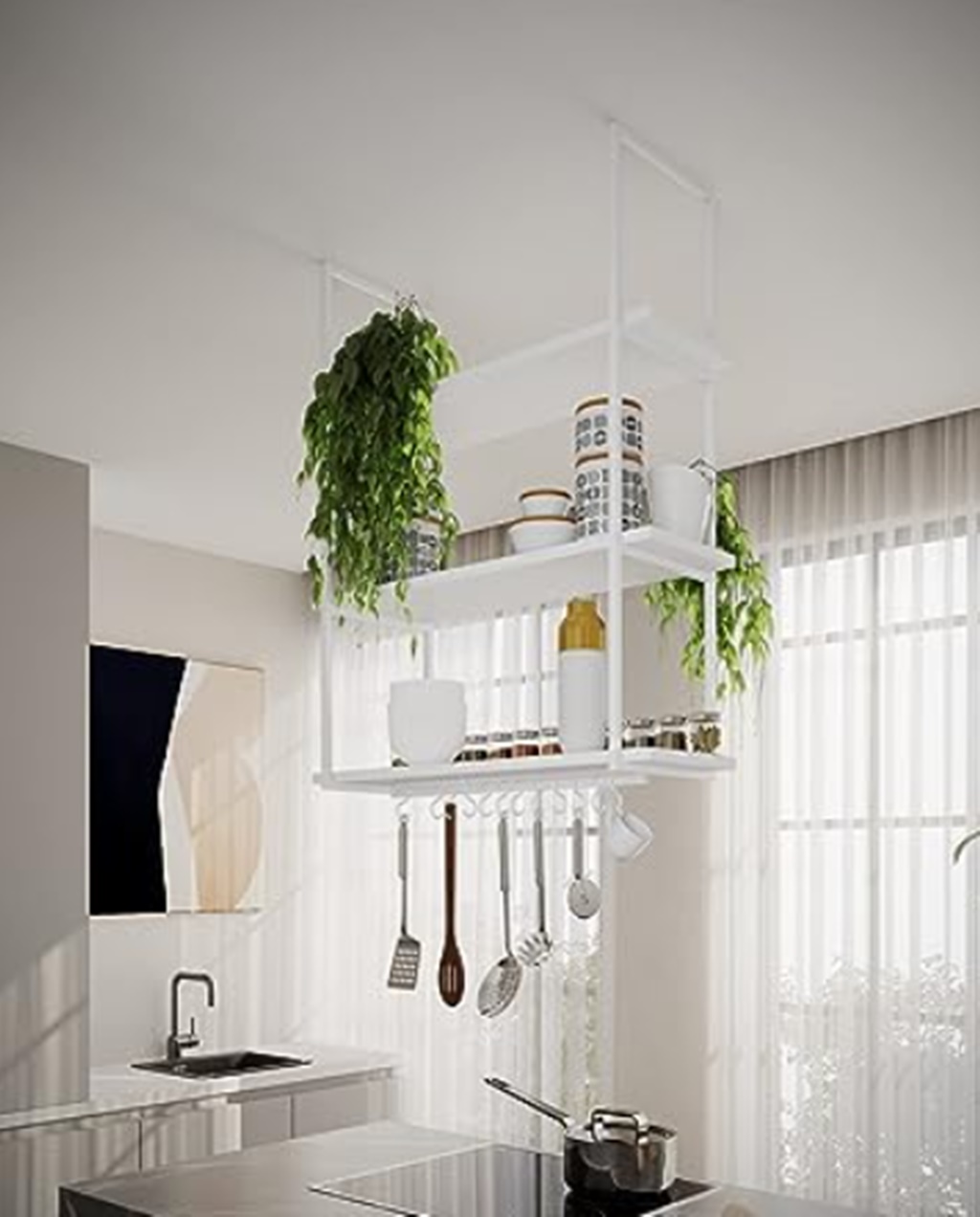 NICHO DE TETO PARA COZINHA 80 CM PRETO COM PRATELEIRA BRANCA