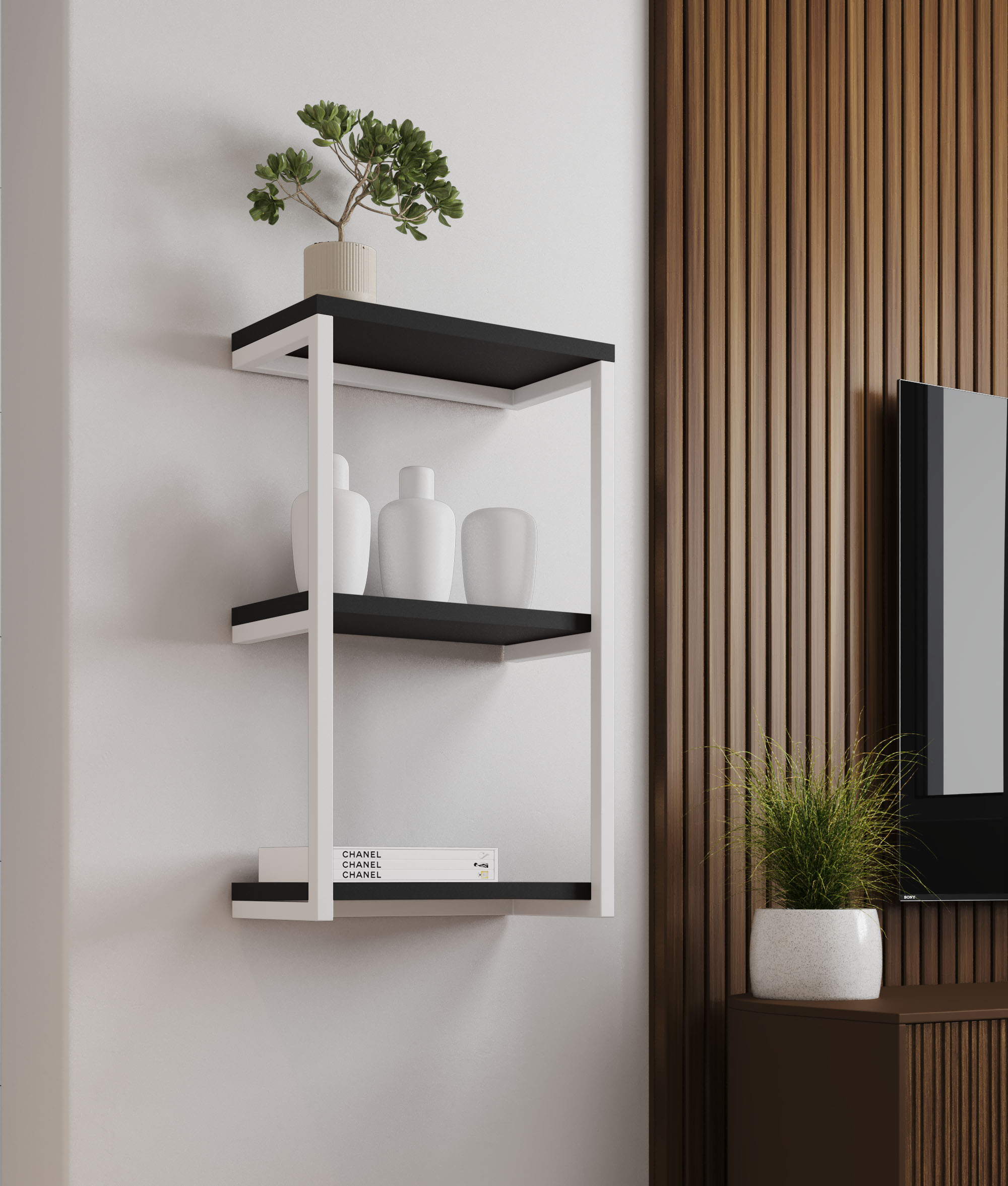 Nicho De Parede Industrial Para Quarto 3 Prateleiras Milão - Branco e Preto