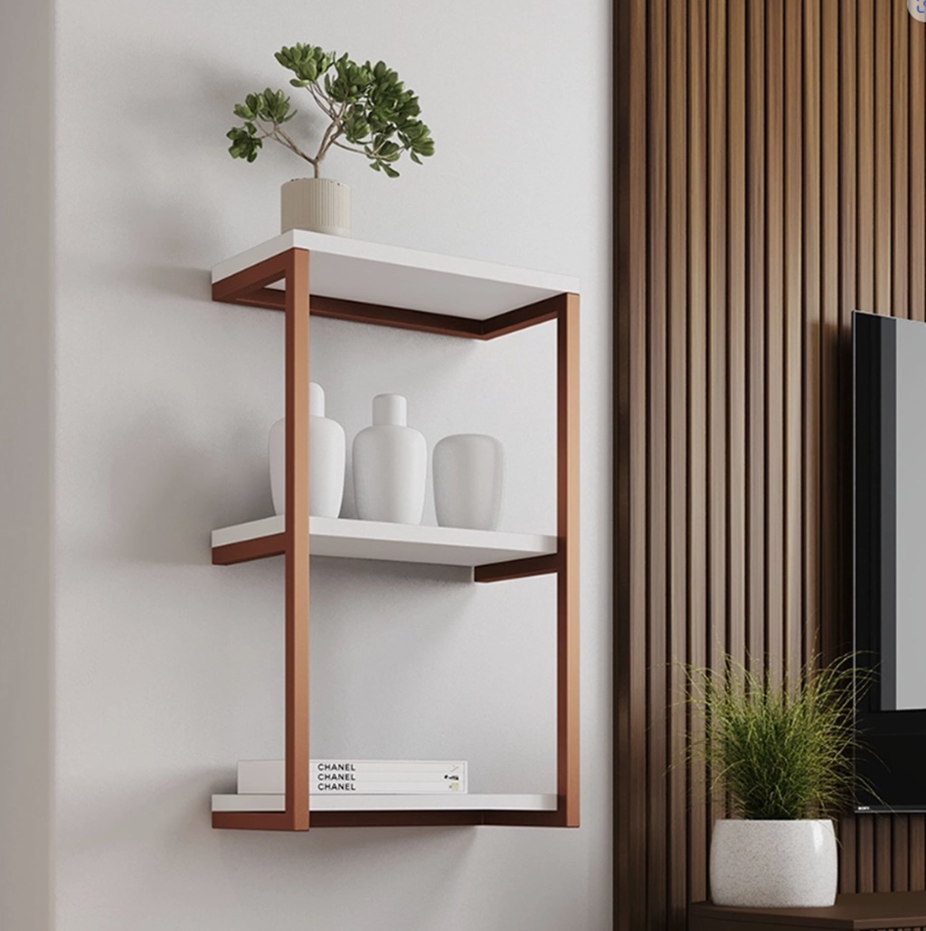 Nicho De Parede Industrial Para Quarto 3 Prateleiras Milão - Cobre e Branco