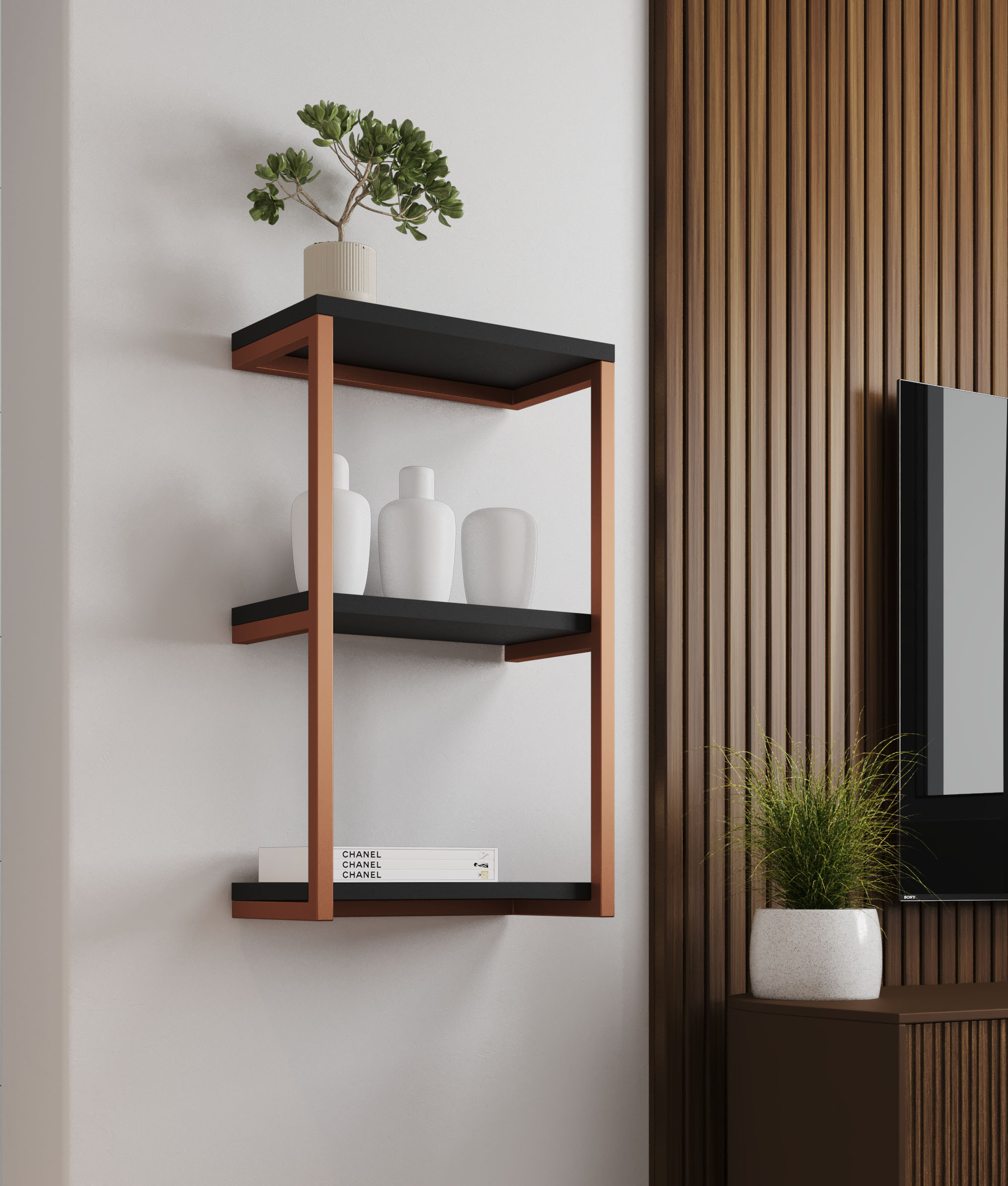 Nicho De Parede Industrial Para Quarto 3 Prateleiras Milão - Cobre e Preto