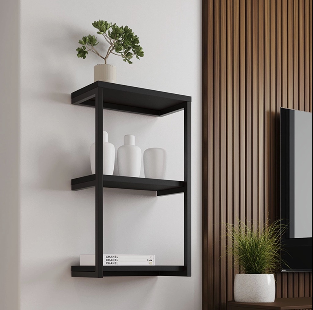 Nicho De Parede Industrial Para Quarto 3 Prateleiras Milão - Preto