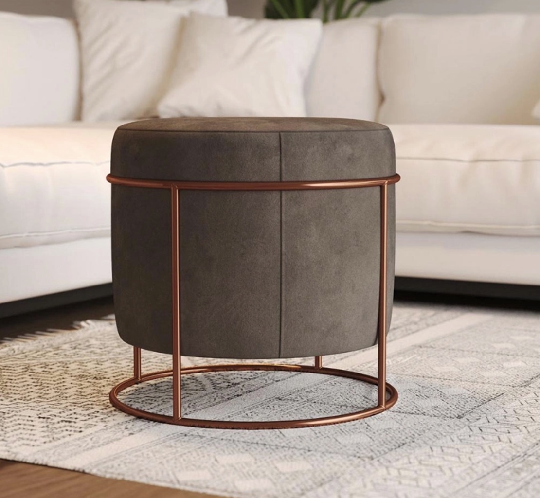 Puff Redondo Sala de Estar Cobre Suede Bege