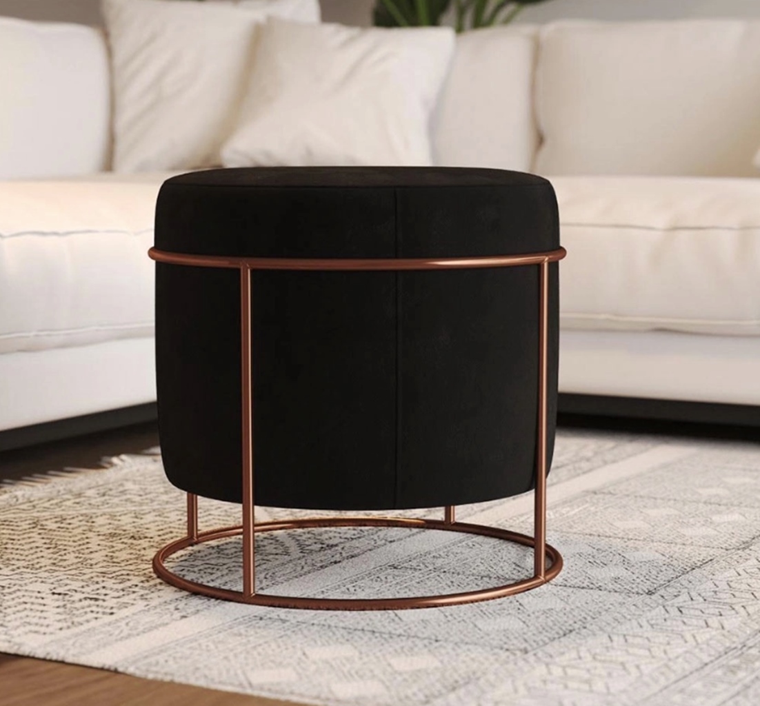Puff Redondo Sala de Estar Cobre Suede Preto