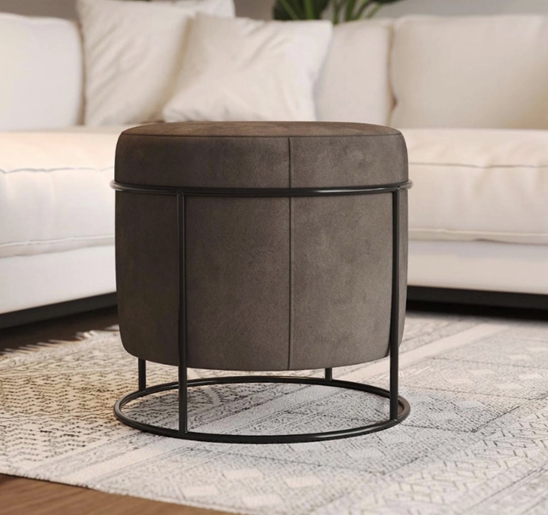 Puff Redondo Sala de Estar Preto Suede Bege