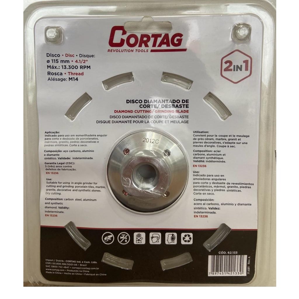 Disco Diamantado Corte e Desbaste 115mm Rosca M14 - Cortag