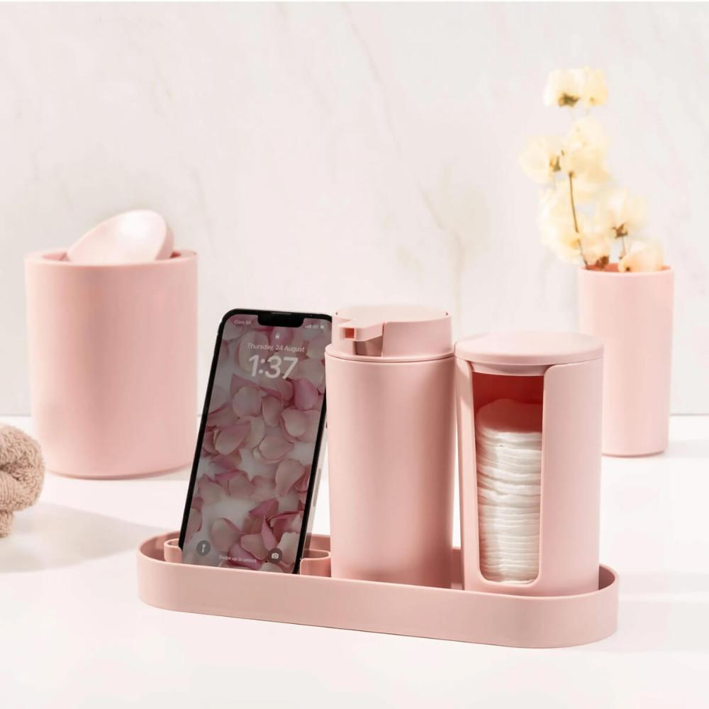 Conjunto para Banheiro Serene Coza Lixeira 1L Porta Sabonete Discos Algodão Celular Rosa 4pçs