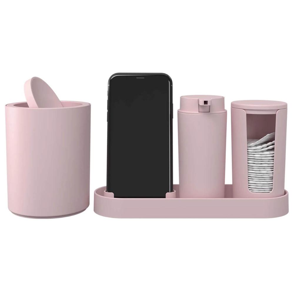Conjunto para Banheiro Serene Coza Lixeira 1L Porta Sabonete Discos Algodão Celular Rosa 4pçs