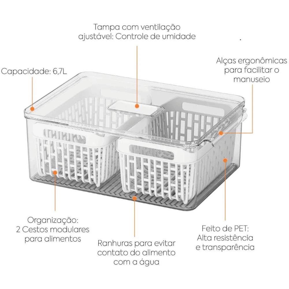 Kit 2 Organizadores de Geladeira 6,7L 5 Cestos Escorredores Coza Dry Vegetais Frutas