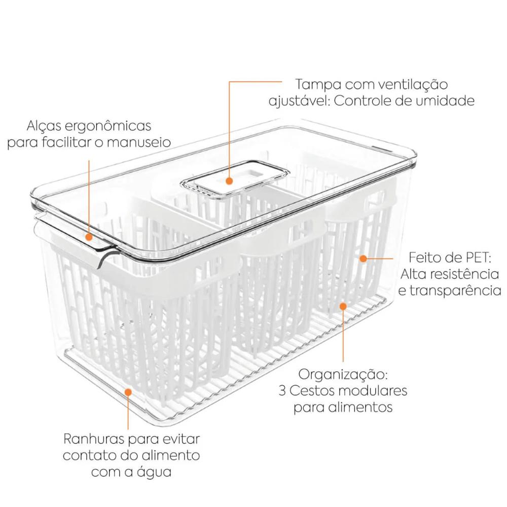 Kit 2 Organizadores de Geladeira 6,7L 5 Cestos Escorredores Coza Dry Vegetais Frutas