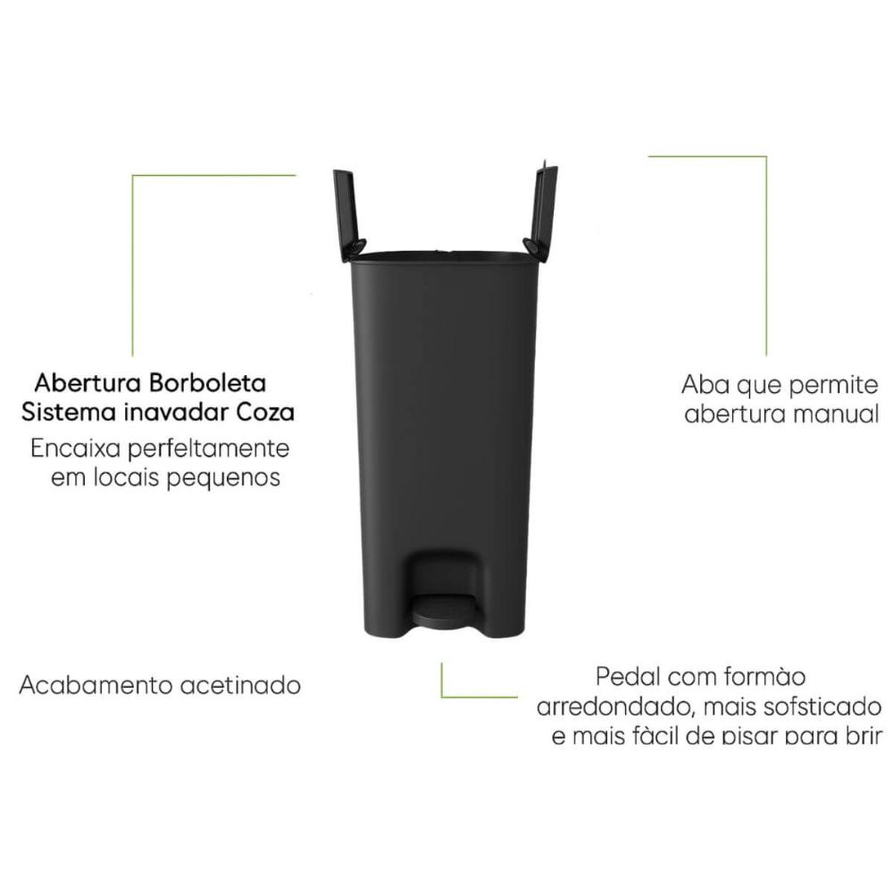 Lixeira 20L com Pedal Tampa Borboleta Banheiro Preto Coza Abertura Dupla Alça