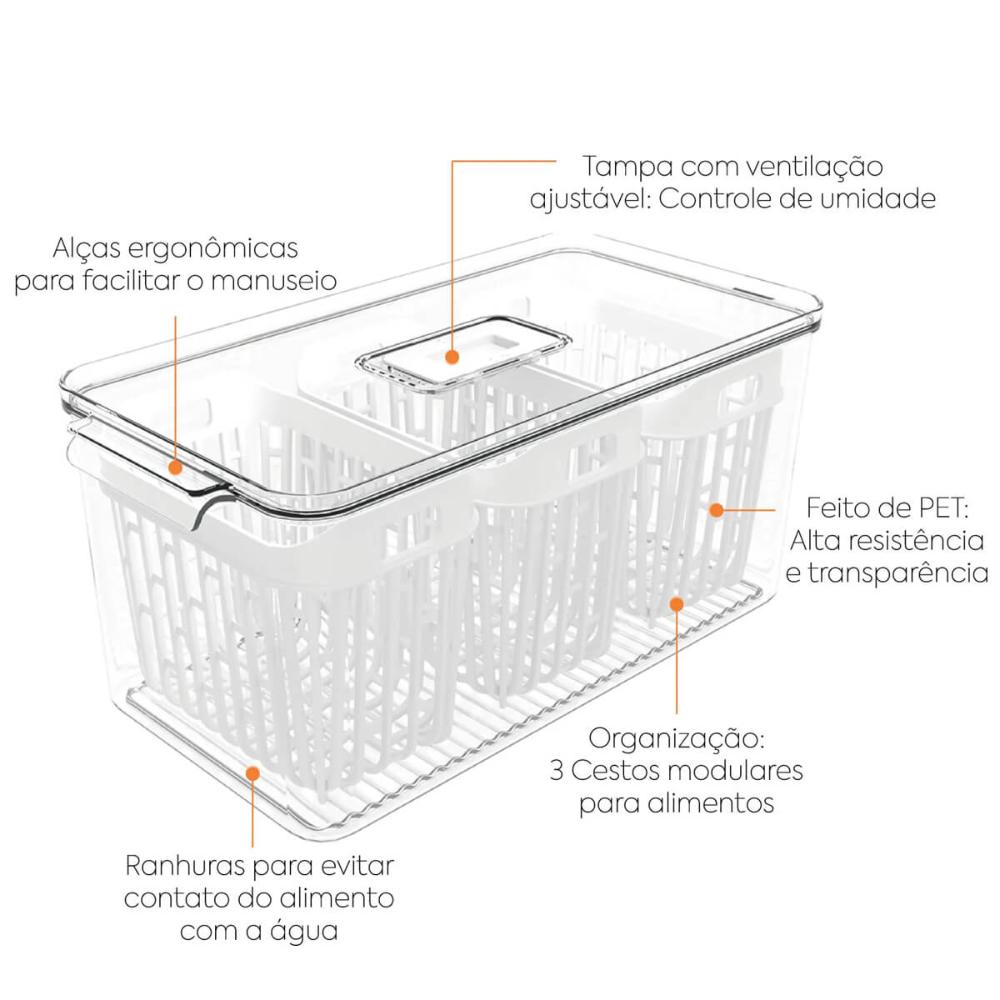 Organizador de Geladeira 6l Com 3 Cestos Plástico Frutas Dry Coza Grande Cozinha