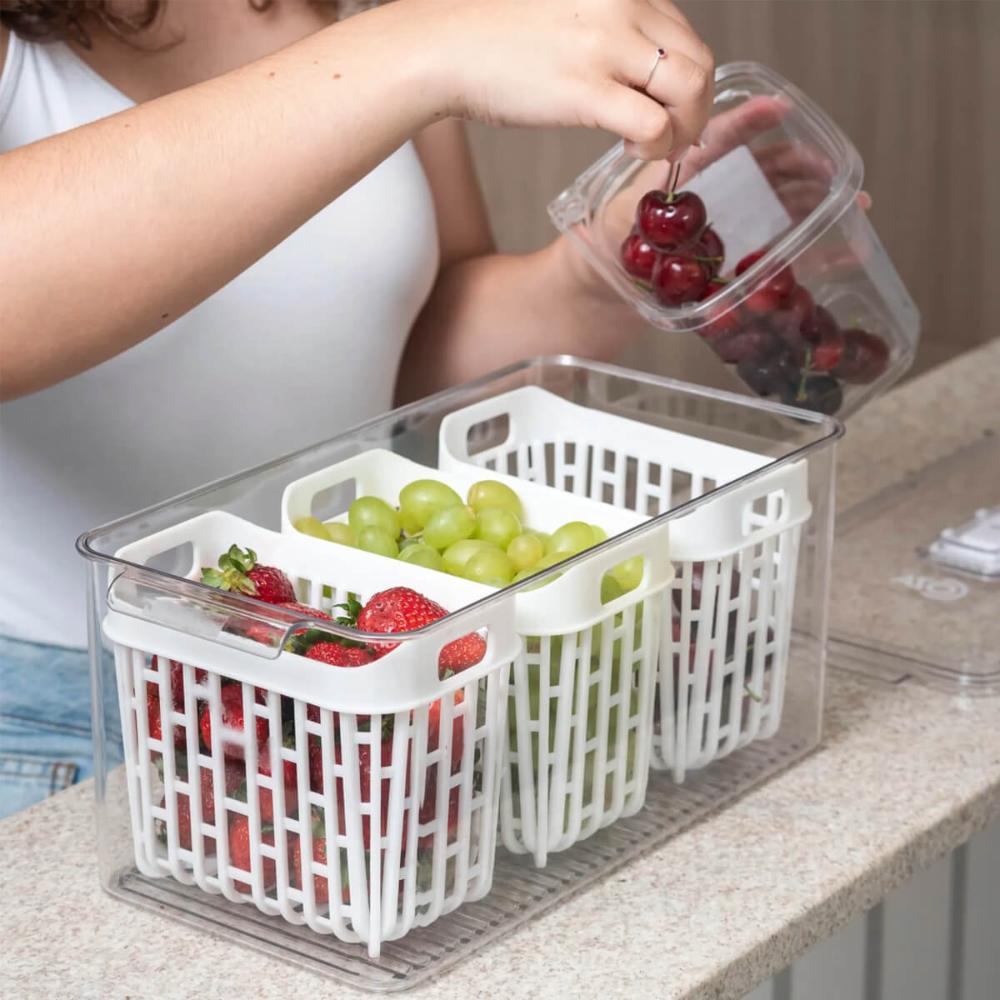 Organizador de Geladeira 6l Com 3 Cestos Plástico Frutas Dry Coza Grande Cozinha