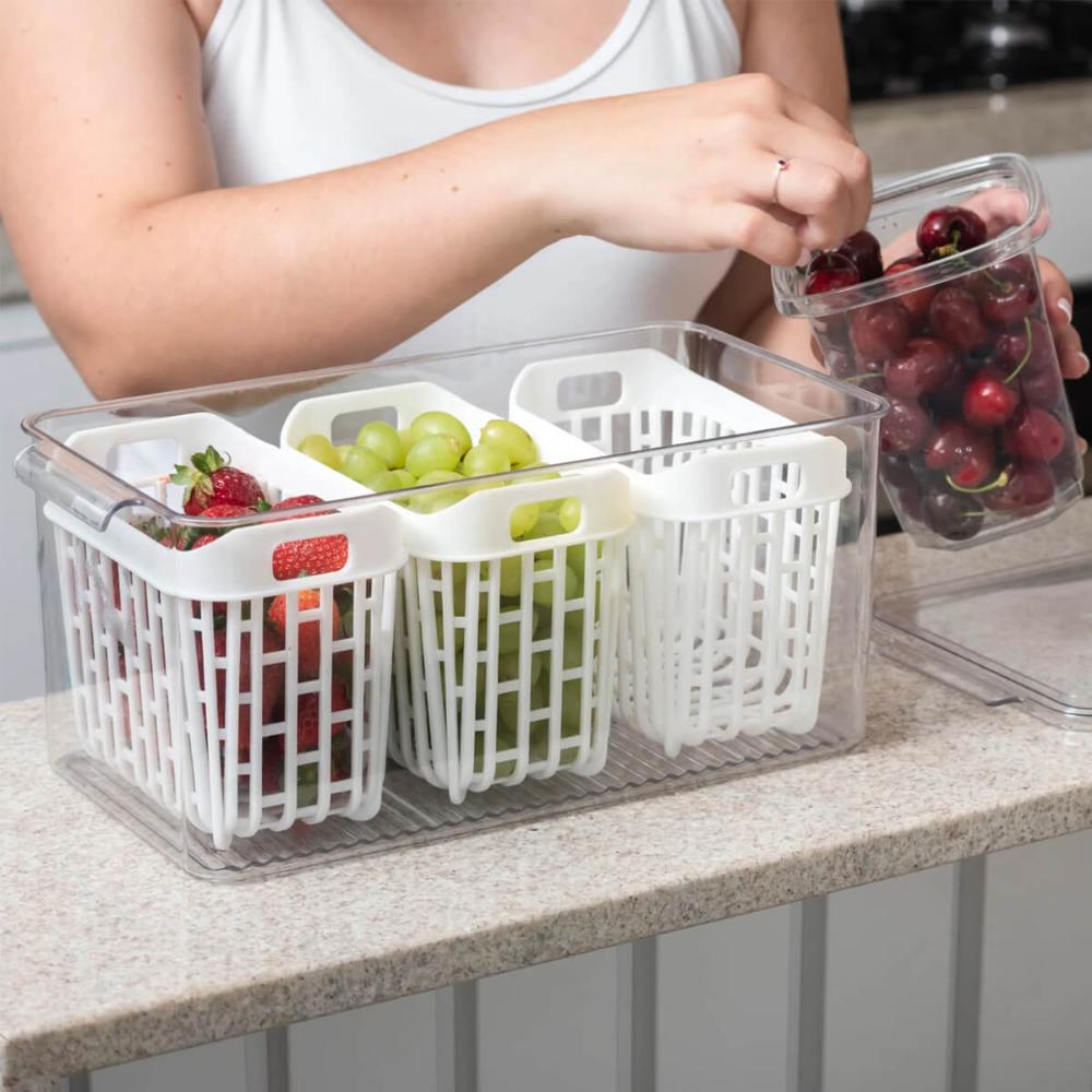 Organizador de Geladeira 6l Com 3 Cestos Plástico Frutas Dry Coza Grande Cozinha