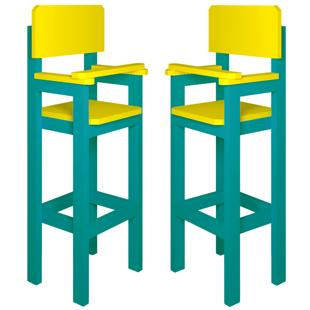 Kit 2 Cadeiras Alta Refeição Infantil Criança Restaurante Lanchonete MDF Azul Turquesa/Amarelo L12