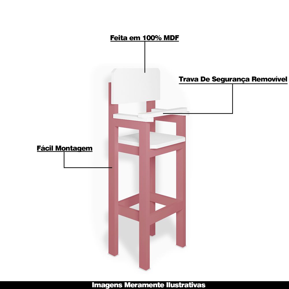 Kit 2 Cadeiras Alta Refeição Infantil Criança Restaurante Lanchonete MDF Rosa/Branco L12