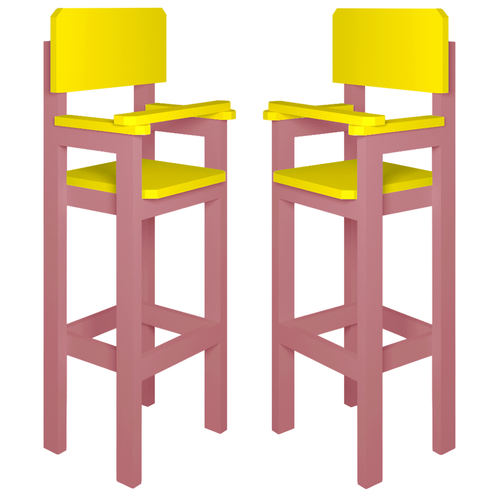 Kit 2Cadeiras Alta Refeição Infantil Criança Restaurante Lanchonete MDF Rosa/Amarelo L12