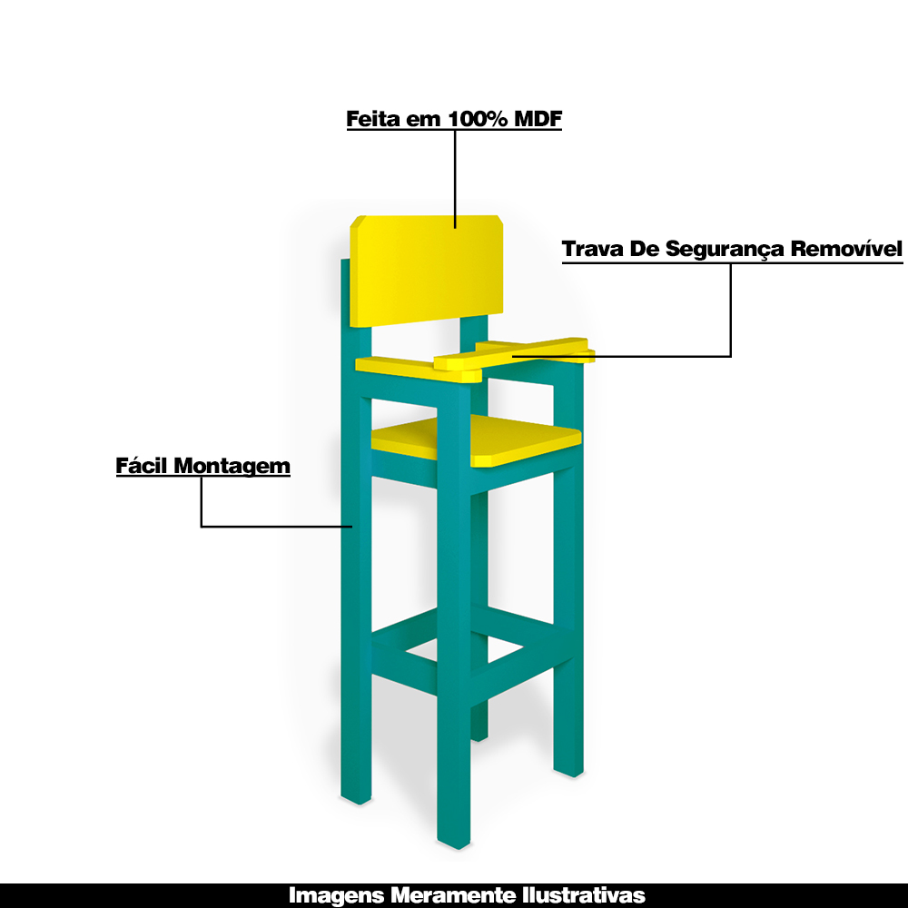 Kit 3 Cadeiras Alta Refeição Infantil Criança Restaurante Lanchonete MDF Azul Turquesa/Amarelo L12