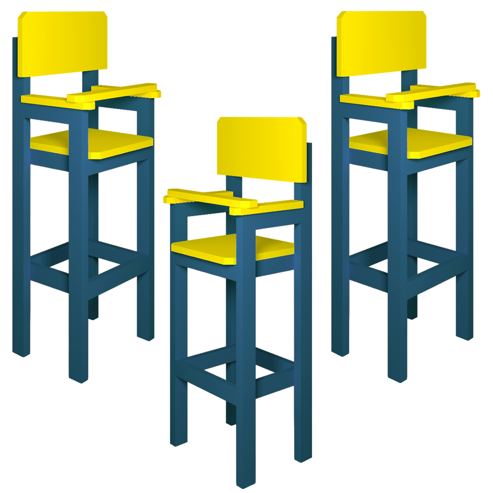 Kit 3 Cadeiras Alta Refeição Infantil Criança Restaurante Lanchonete MDF Azul/Amarelo L12