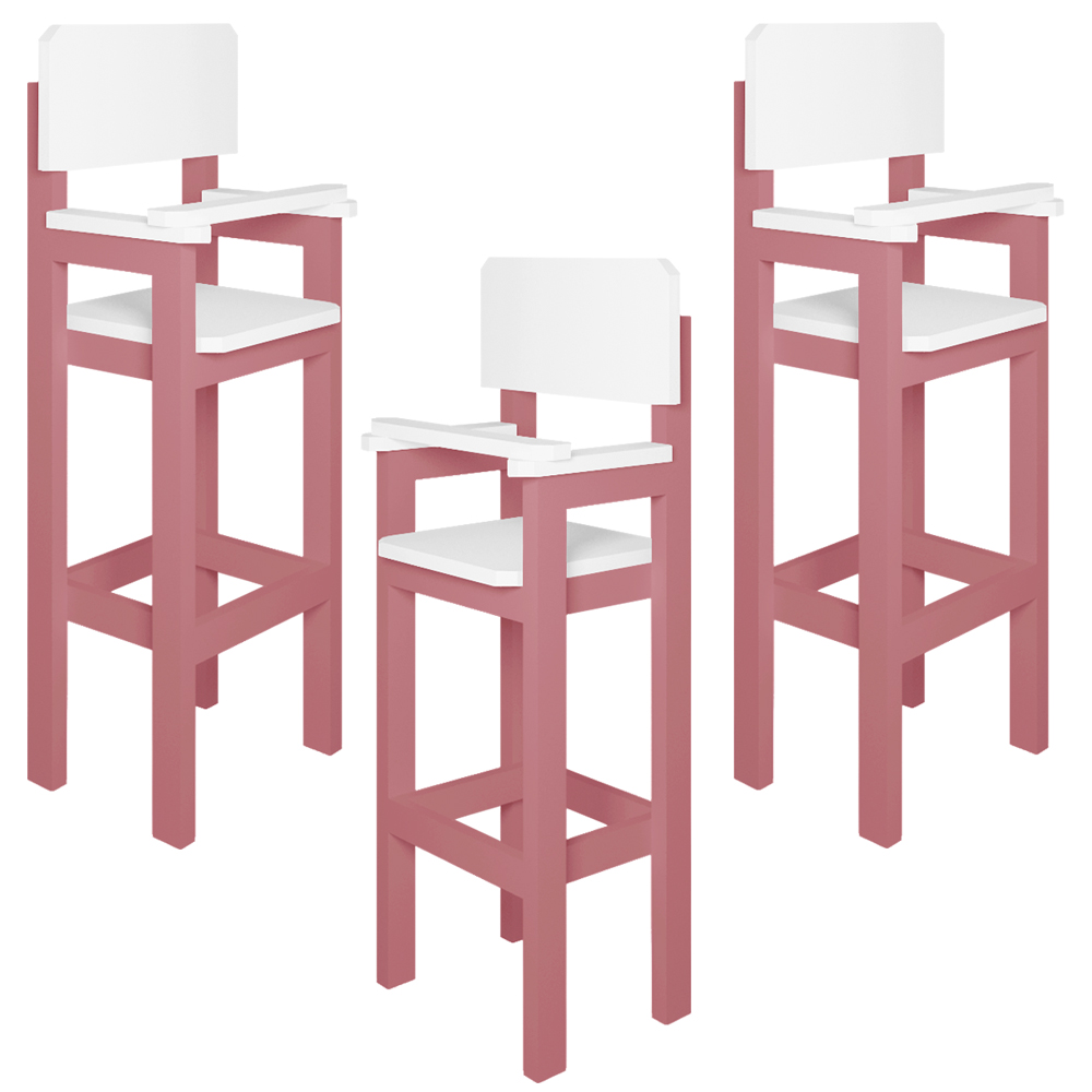 Kit 3 Cadeiras Alta Refeição Infantil Criança Restaurante Lanchonete MDF Rosa/Branco L12