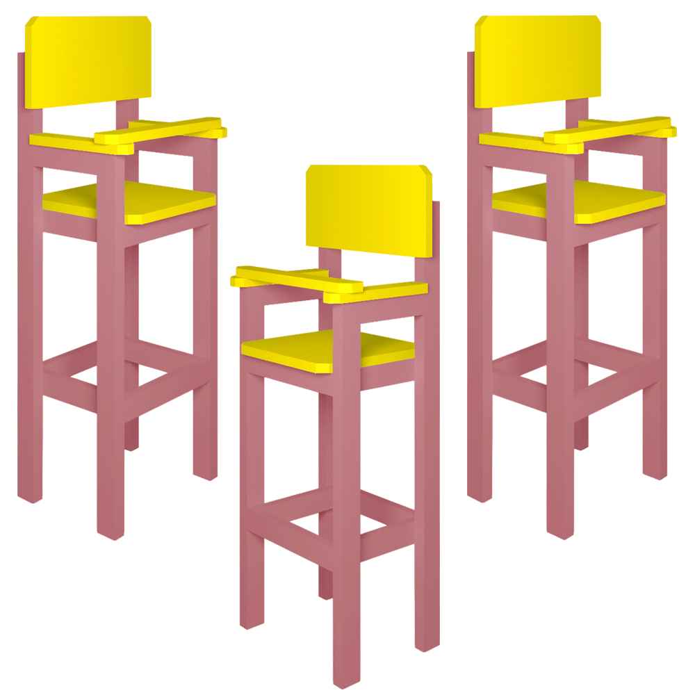 Kit 3Cadeiras Alta Refeição Infantil Criança Restaurante Lanchonete MDF Rosa/Amarelo L12