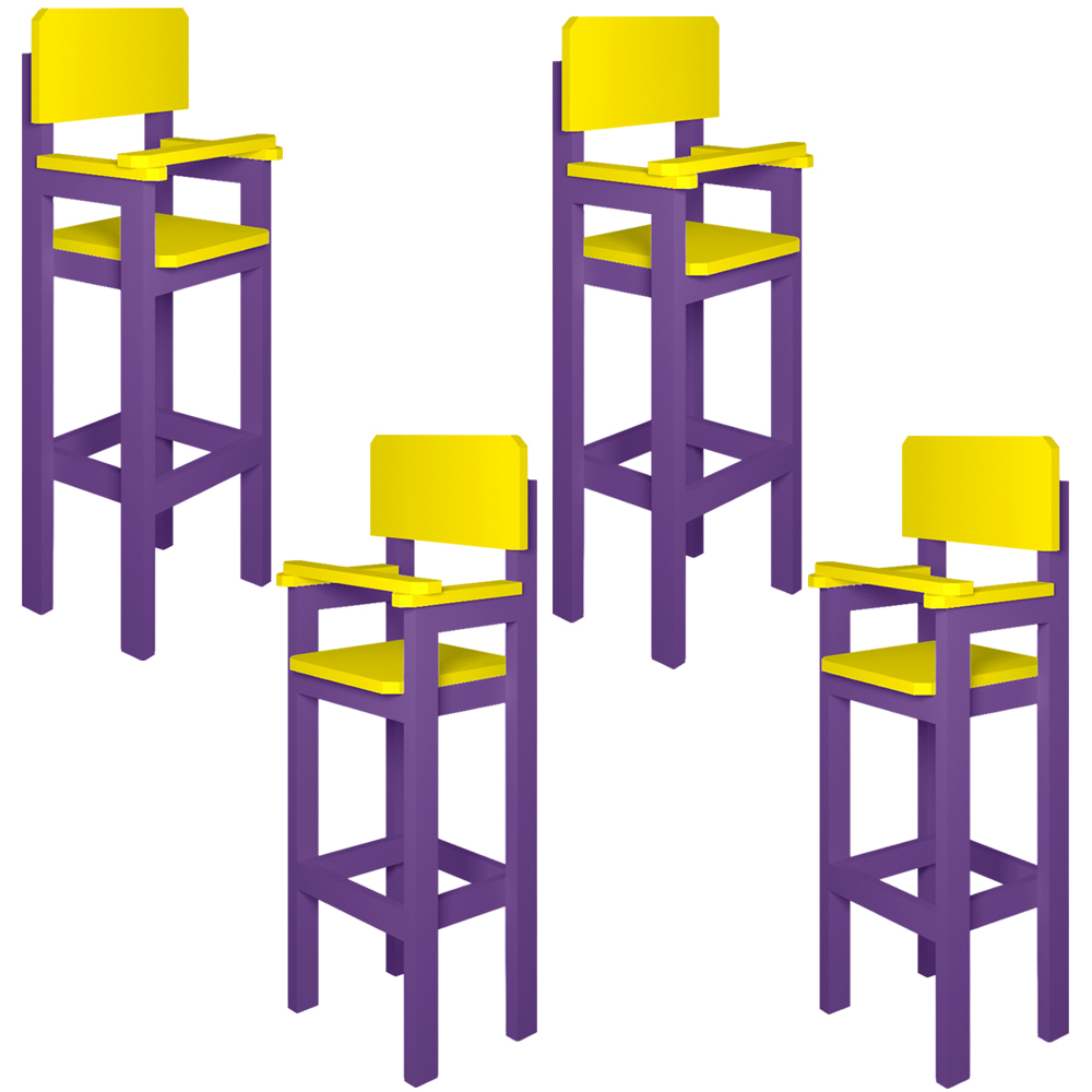 Kit 4 Cadeiras Alta Refeição Infantil Criança Restaurante Lanchonete MDF Lilás/Amarelo L12