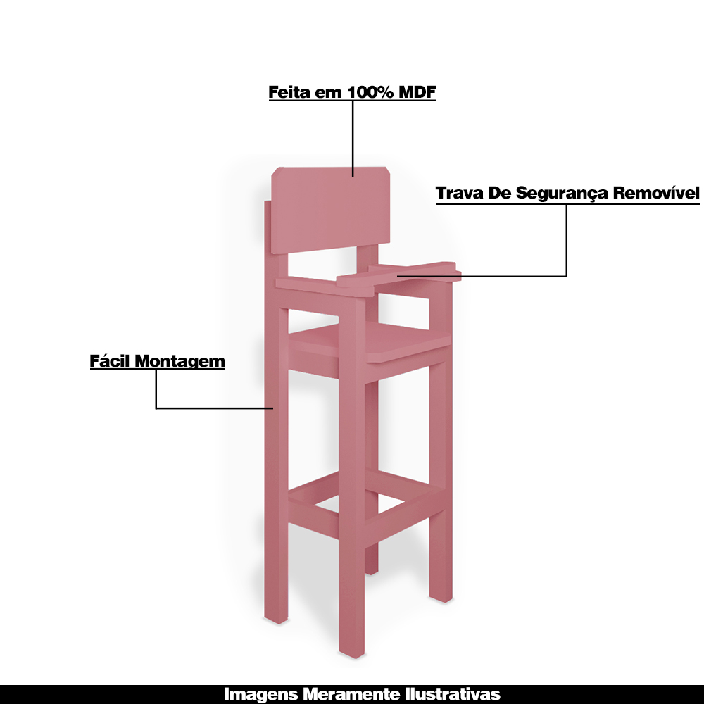 Kit 4 Cadeiras Alta Refeição Infantil Criança Restaurante Lanchonete MDF Rosa L12