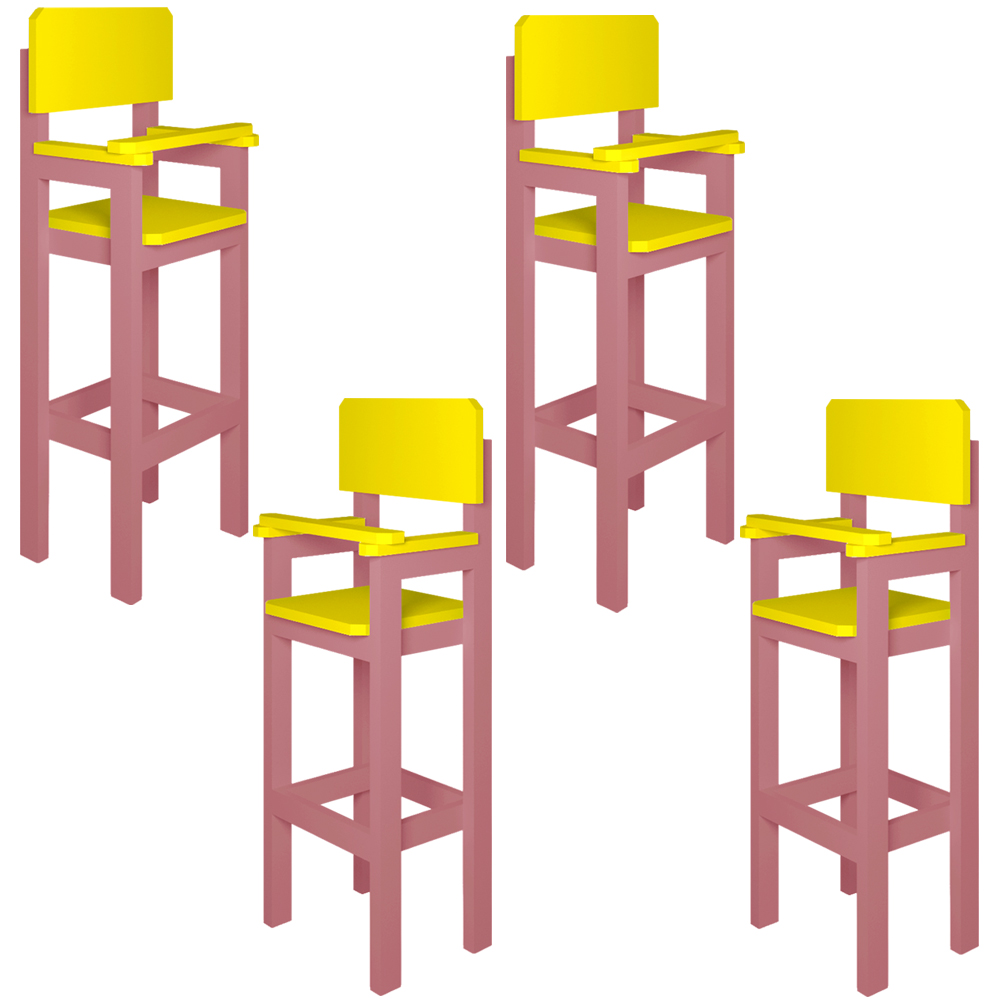 Kit 4 Cadeiras Alta Refeição Infantil Criança Restaurante Lanchonete MDF Rosa/Amarelo L12