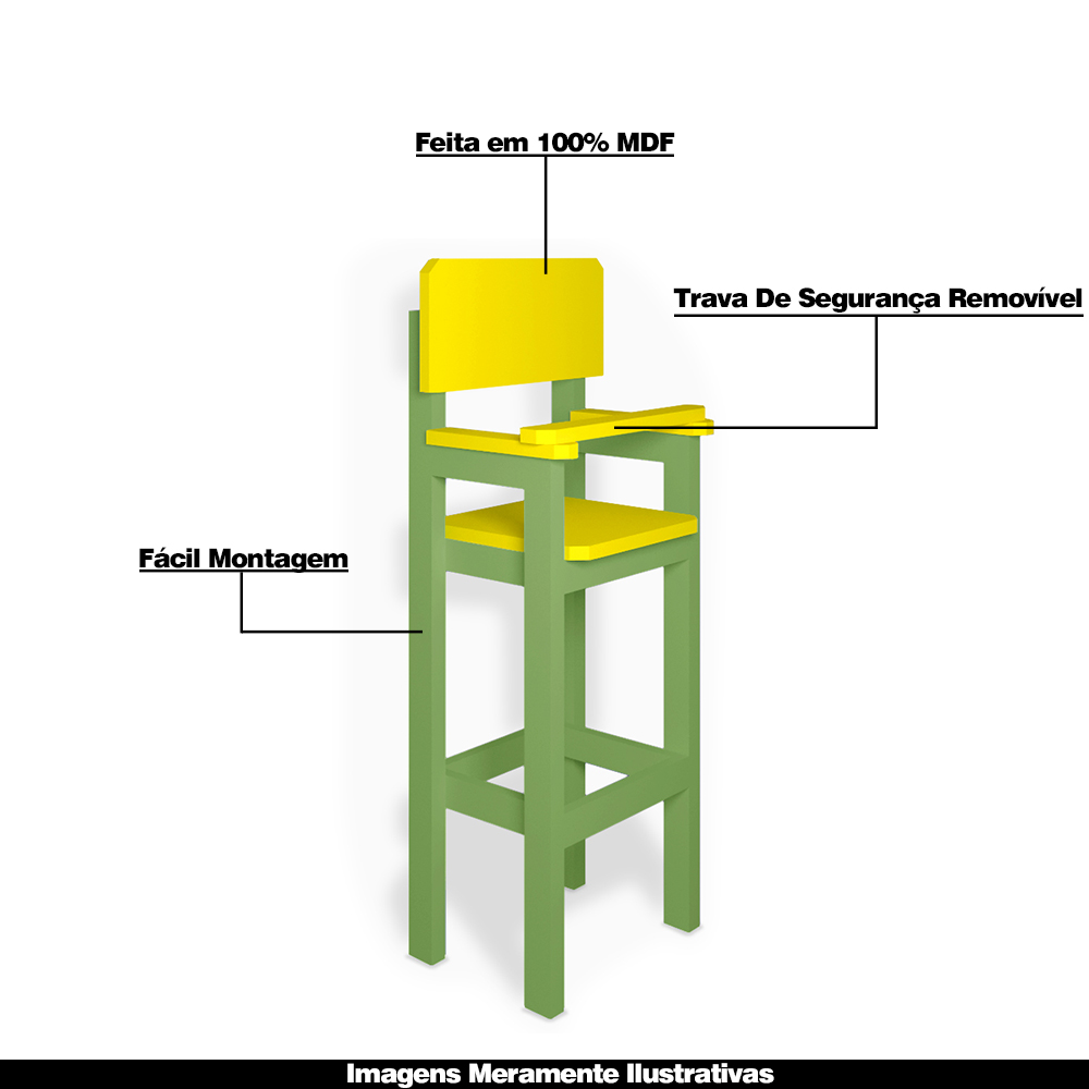Kit 4 Cadeiras Alta Refeição Infantil Criança Restaurante Lanchonete MDF Verde/Amarelo L12