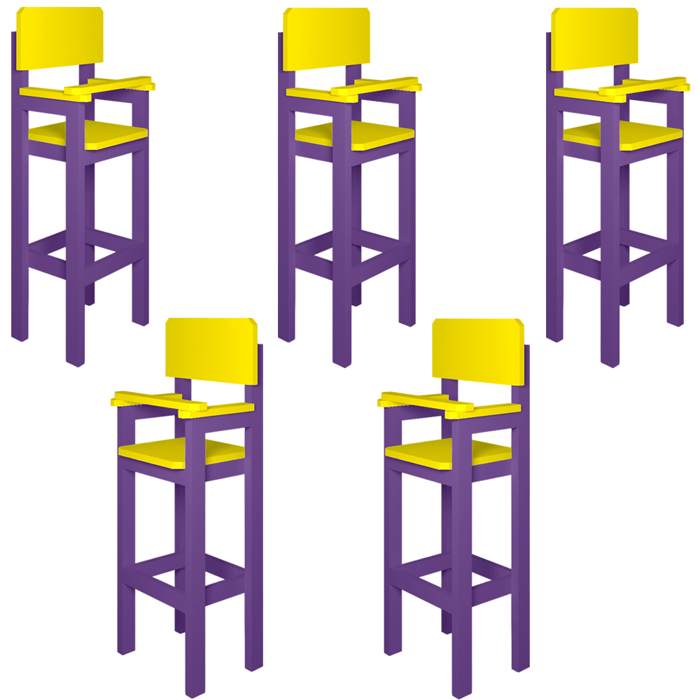 Kit 5 Cadeiras Alta Refeição Infantil Criança Restaurante Lanchonete MDF Lilás/Amarelo L12
